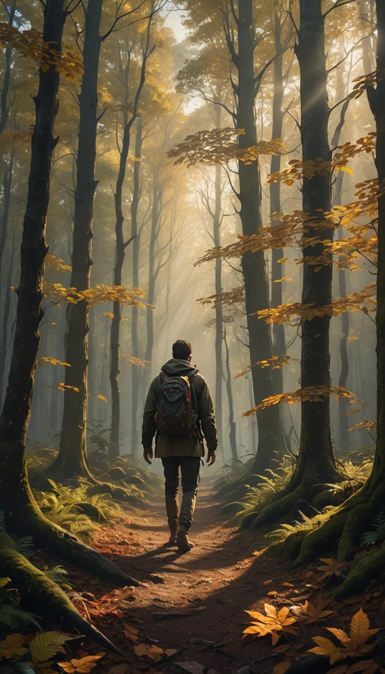 Young Traveler in a Majestic Forest: Hyperrealistic Art