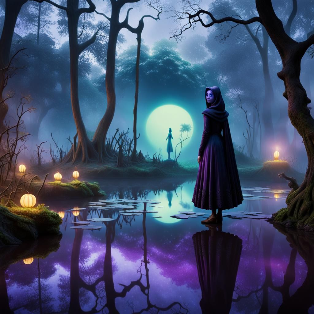 Gothic Woman Sculpture with Violet Eyes in Forest