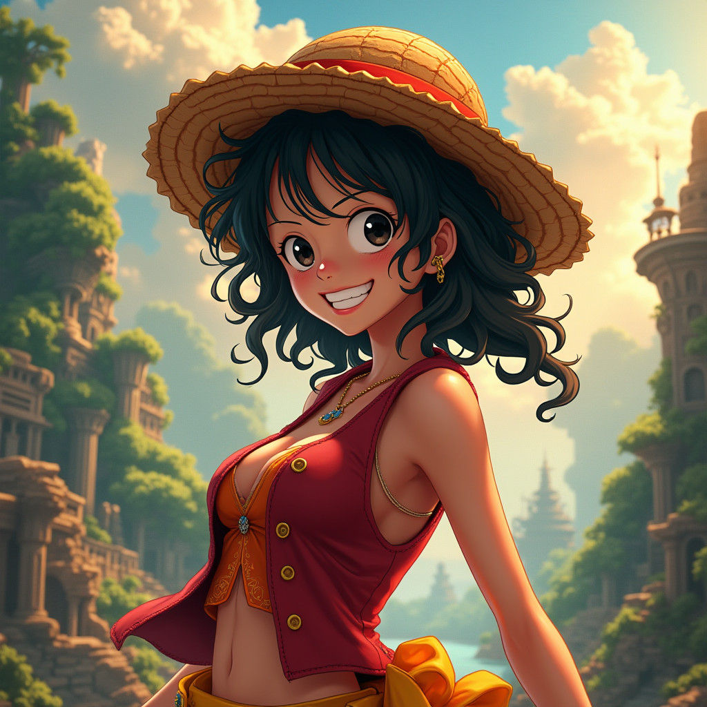 Female Luffy in Tropical Paradise, Fantasy Art