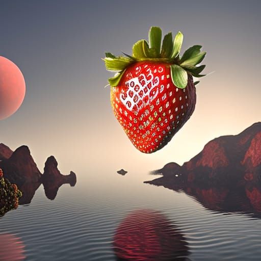 Giant Strawberry Floats Above Surreal Beach Scene