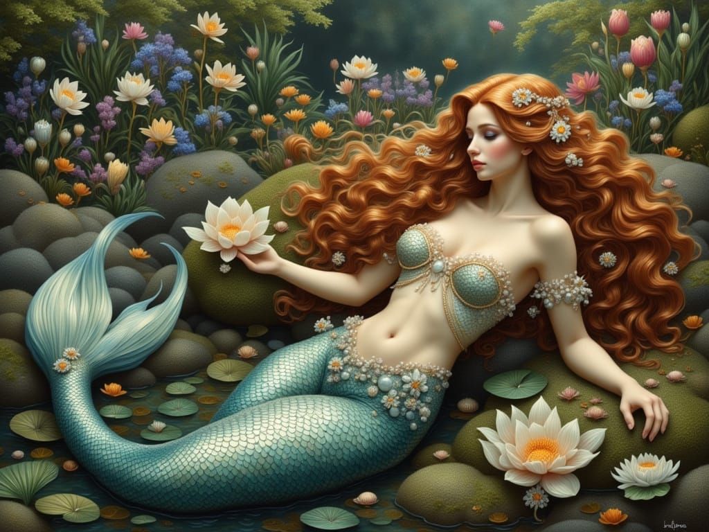 Mermaid Reclining Among Water Lilies, in Pre-Raphaelite Styl...