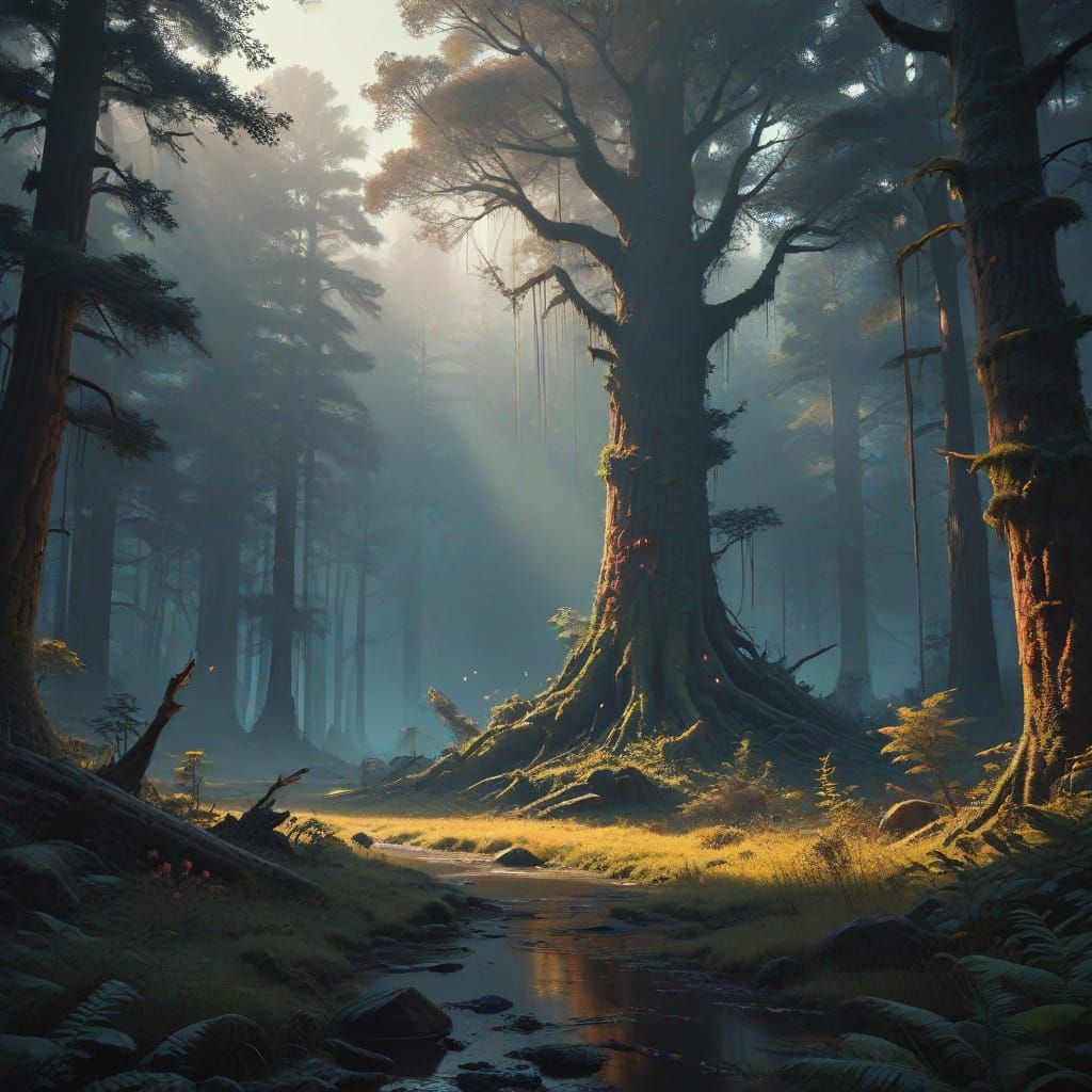 Ethereal Dawn in an Ancient Redwood Forest