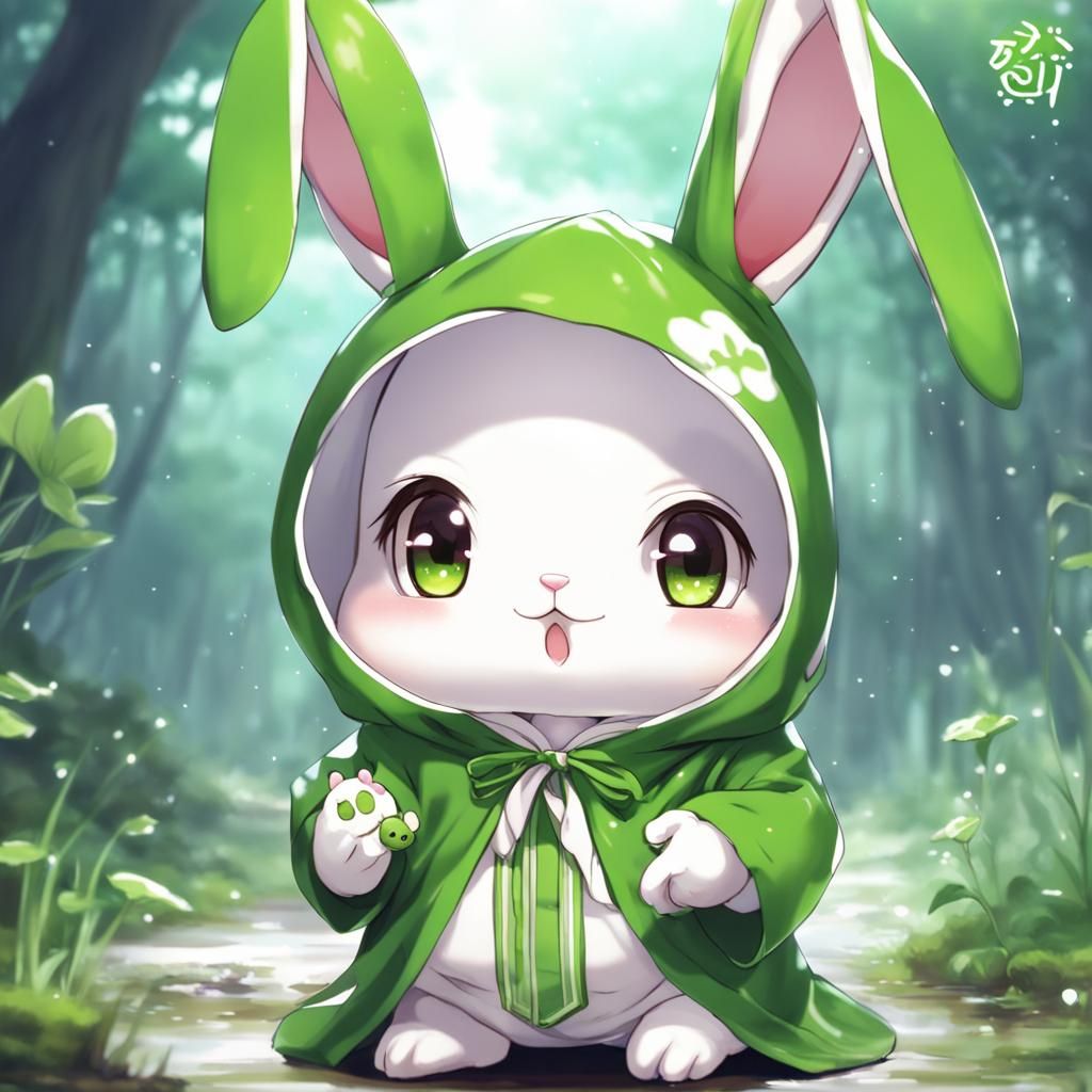 Cute Chibi Rabbit in Frog Outfit, Anime Style