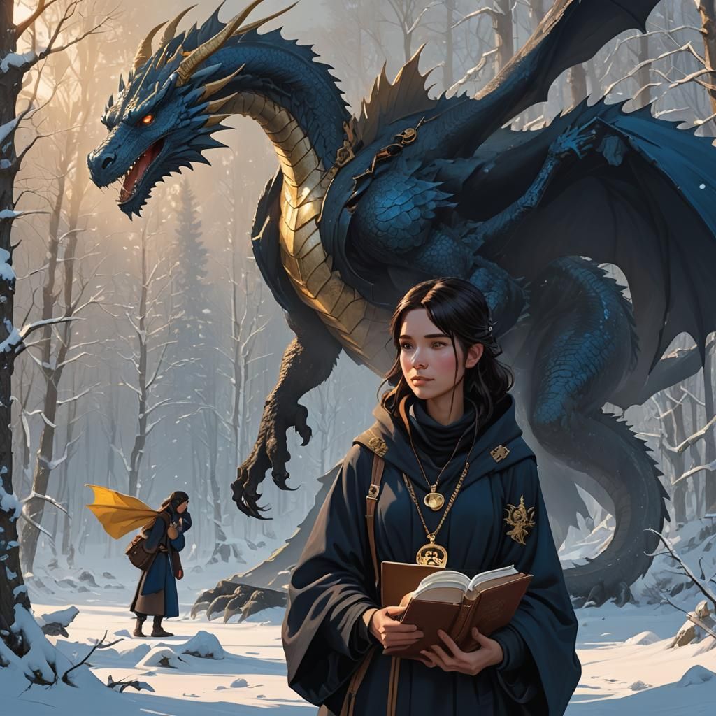 Girl and Dragon in Snowy Forest, Matte Painting