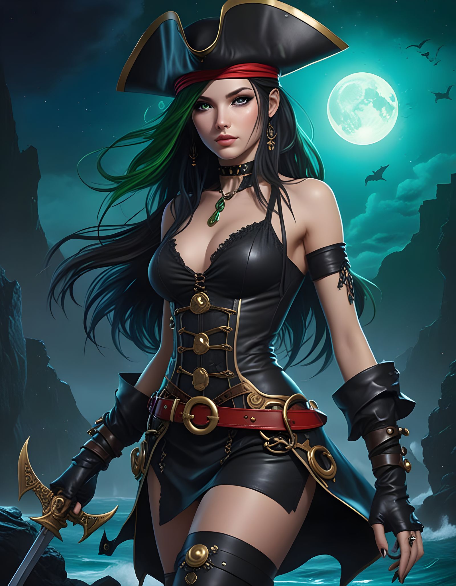Goth Pirate Queen in Anime-Inspired Comic-Book Style