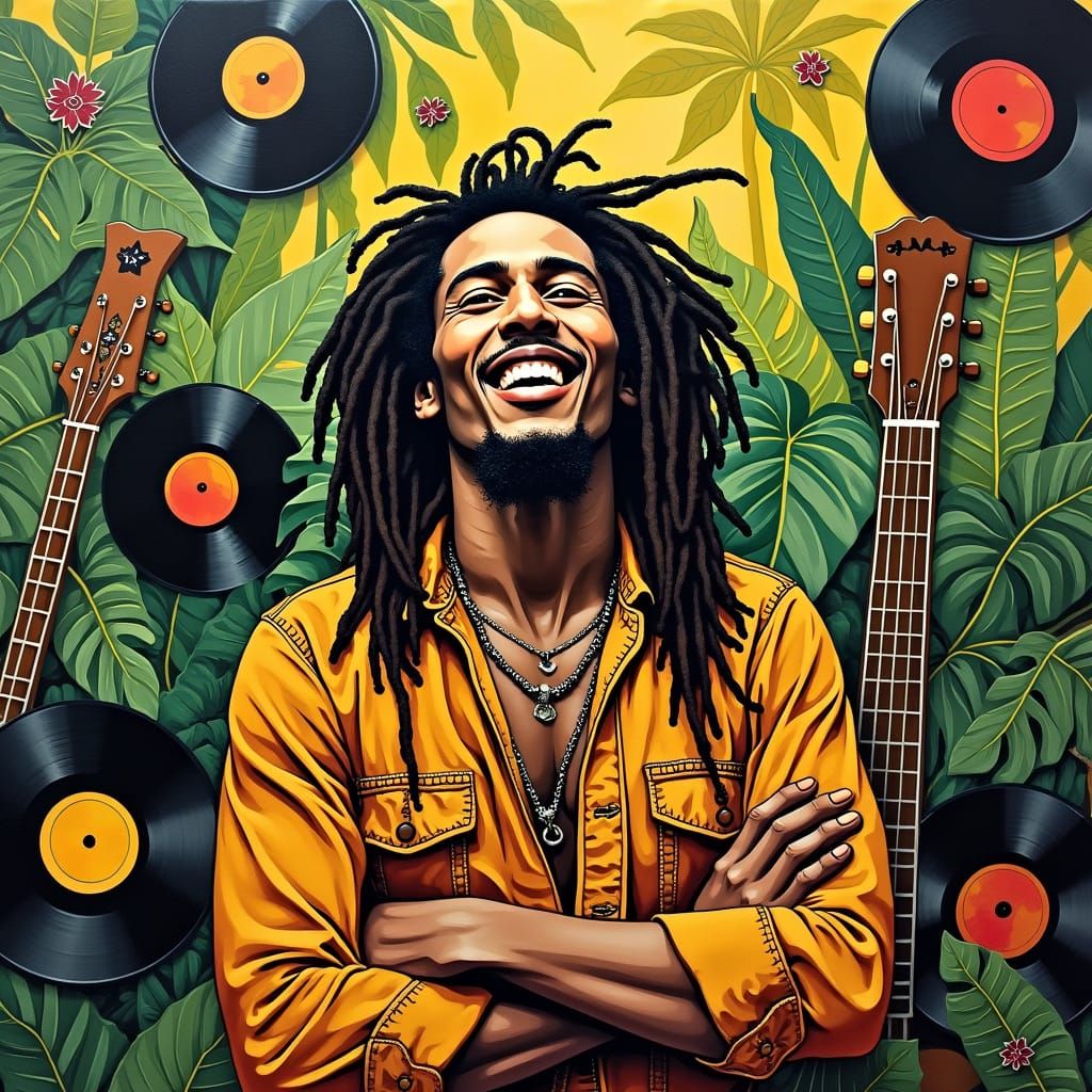 Vibrant Bob Marley Collage in the Style of Lowbrow Art
