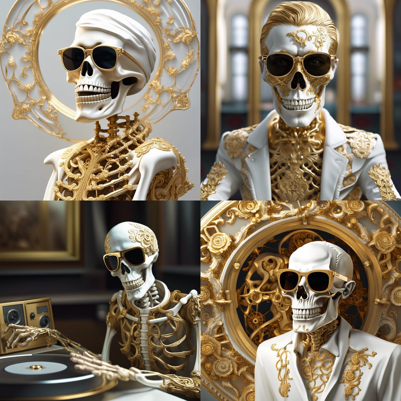 Filigree Skeleton Hipster DJ in Photorealistic Style