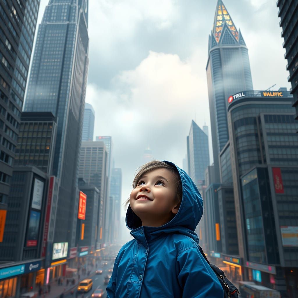 Young Girl Contemplates the Skies Amidst a Bustling Metropol...