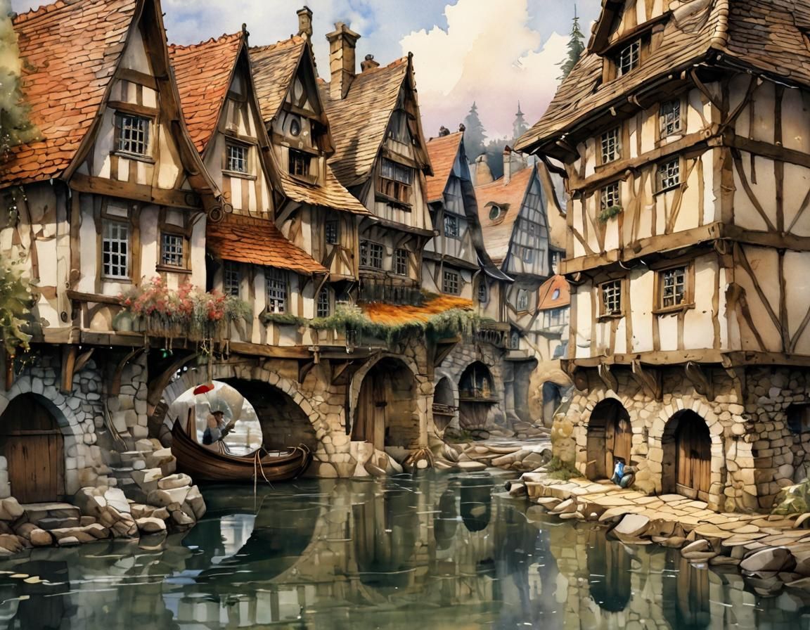 Charming Village with River in Watercolor and Ink