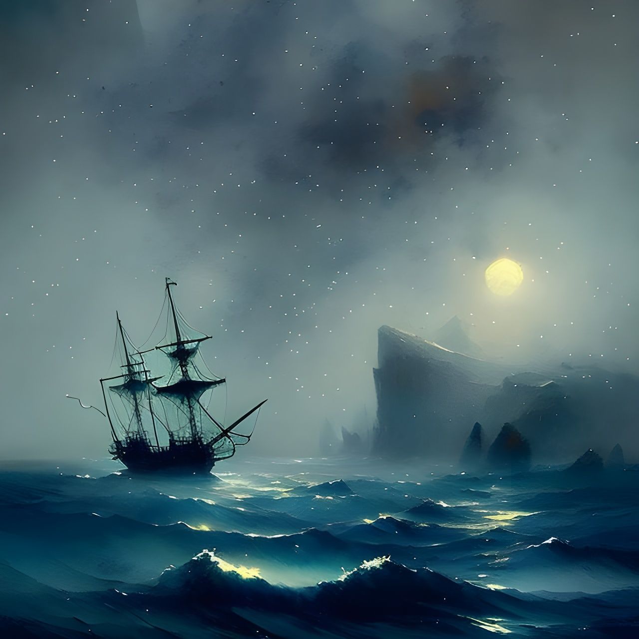 Starry Night Over Foggy Ocean with Pirate Ship