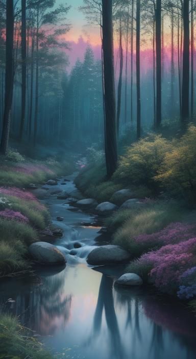 Fantasy Village at Twilight: Vibrant Oil Painting