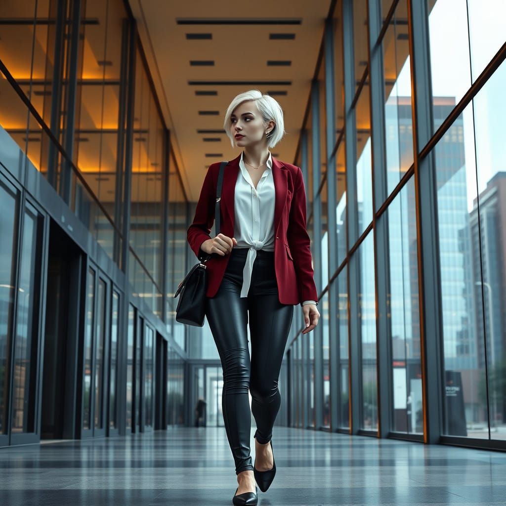 Confident Woman Enters High-Ceilinged Office Building in Cyb...