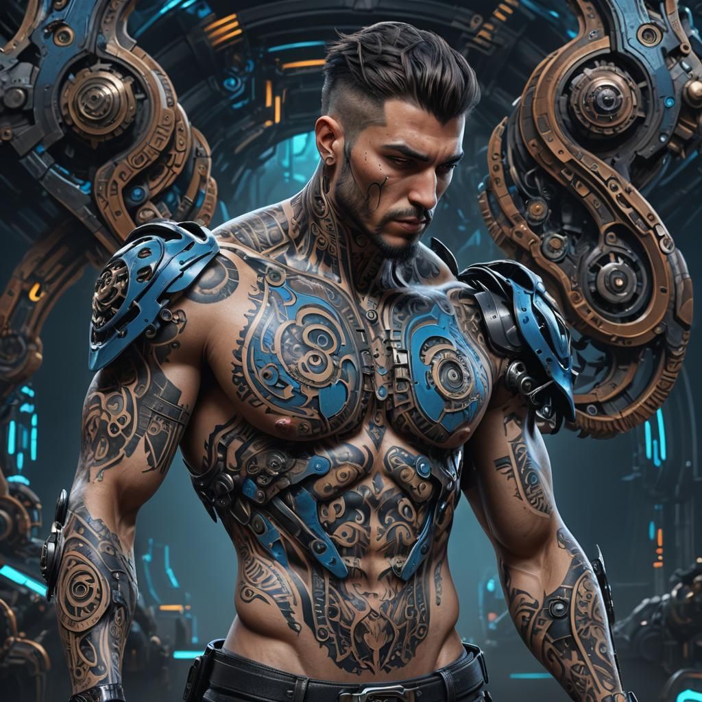 Surreal Cyberpunk Art of a Man with a Biomechanical Tattoo