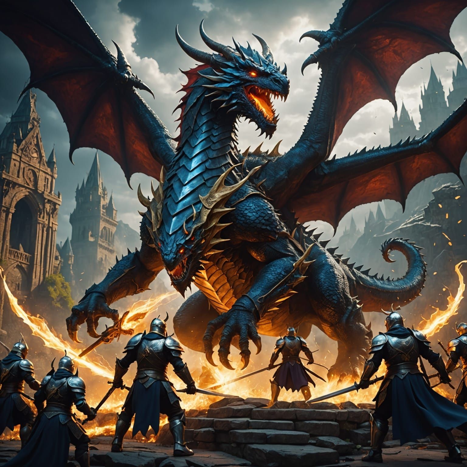 Lightning Knights Slaying a Dragon in Fantasy Art