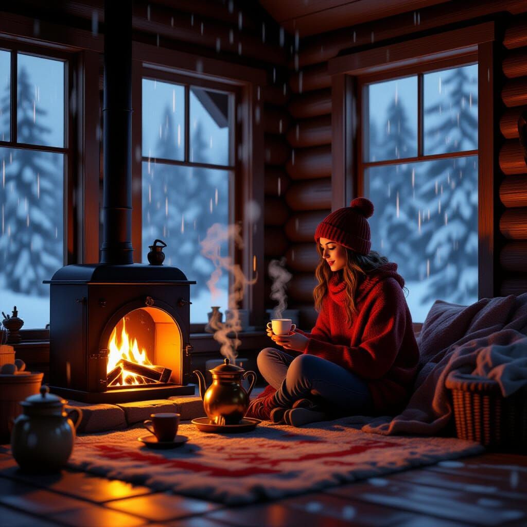 Cozy Cabin Scene with Fireplace in Stylized 3D Render
