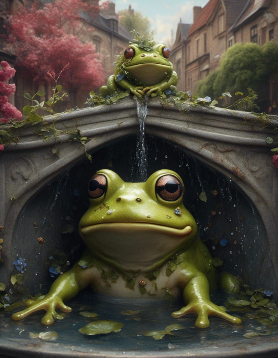 Victorian Frog Fountain Scene