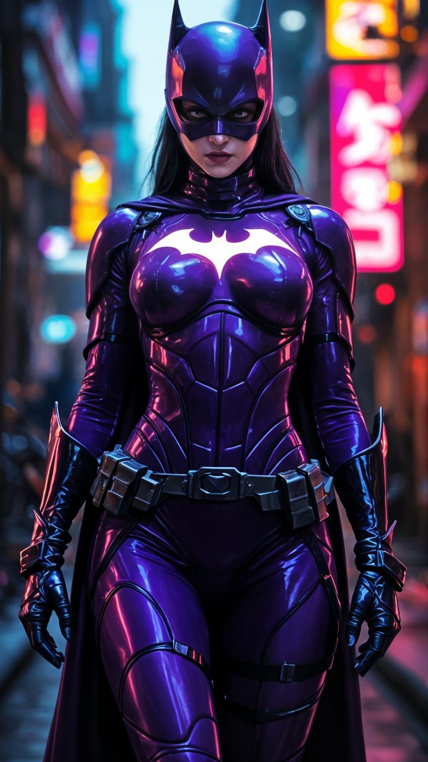 Futuristic Batgirl with Hologram Symbol in Cyberpunk Style