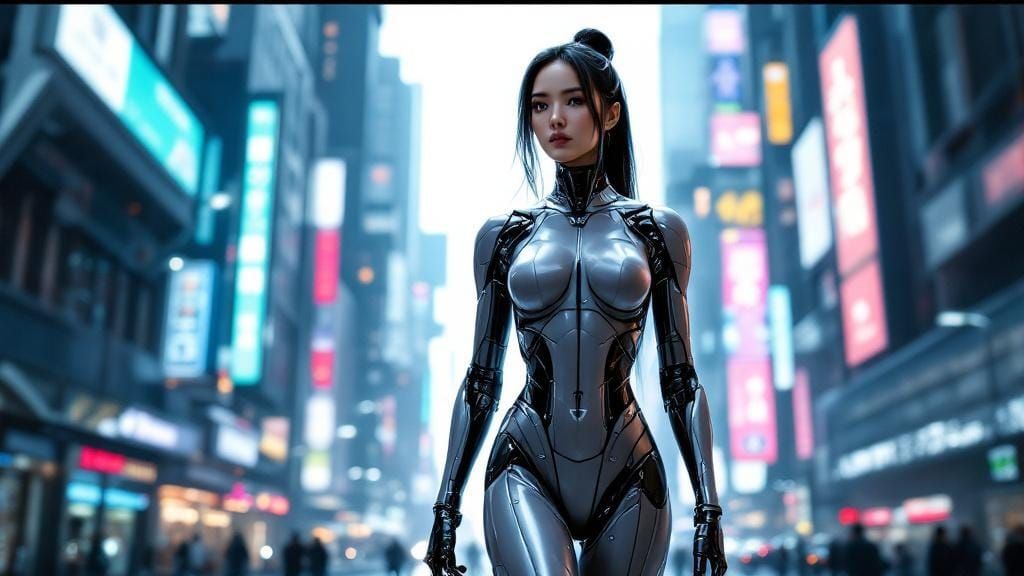 Futuristic Asian Robot Woman in Neon Cityscape