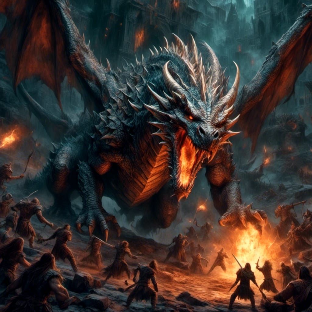 Dragon's Lair: Adventurers Attack in a Fantasy Matte Paintin...