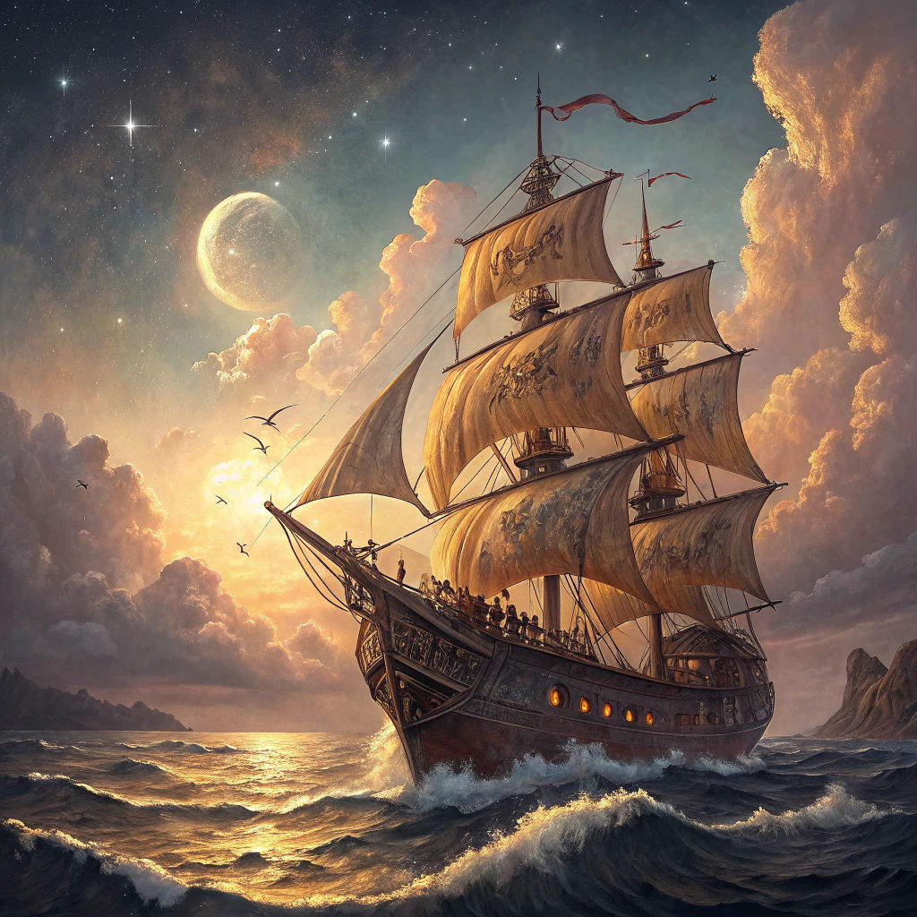 Pirate Ship at Dusk in Dreamy Mediterranean Seascape