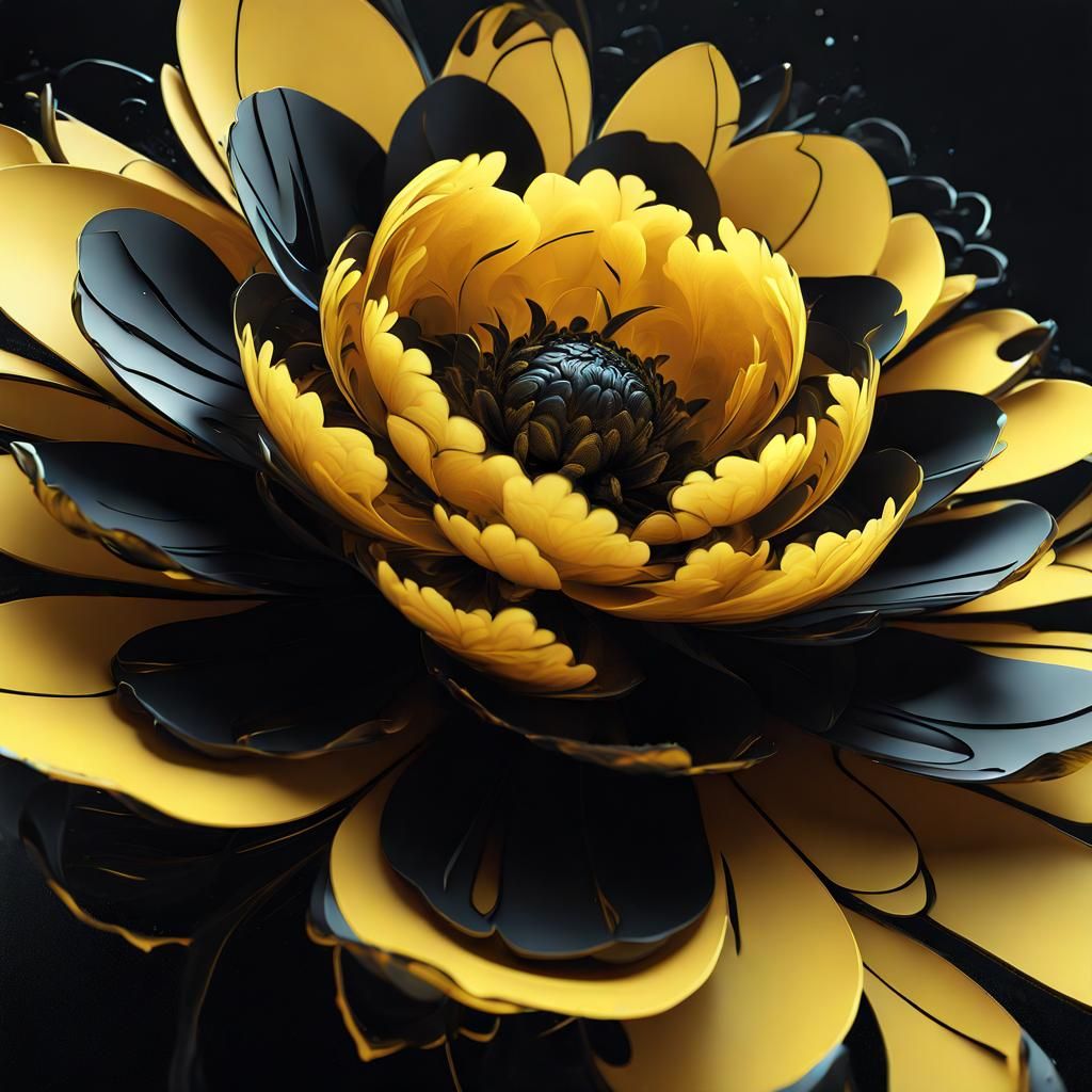 Abstract Fractal Peony Flower in Yellow and Black
