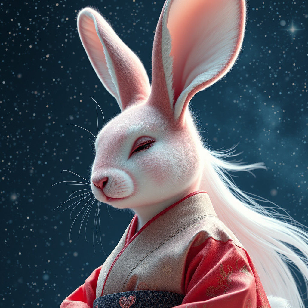 a (beautiful anthropomorphic pink rabbit wearing kimono ) ( ...