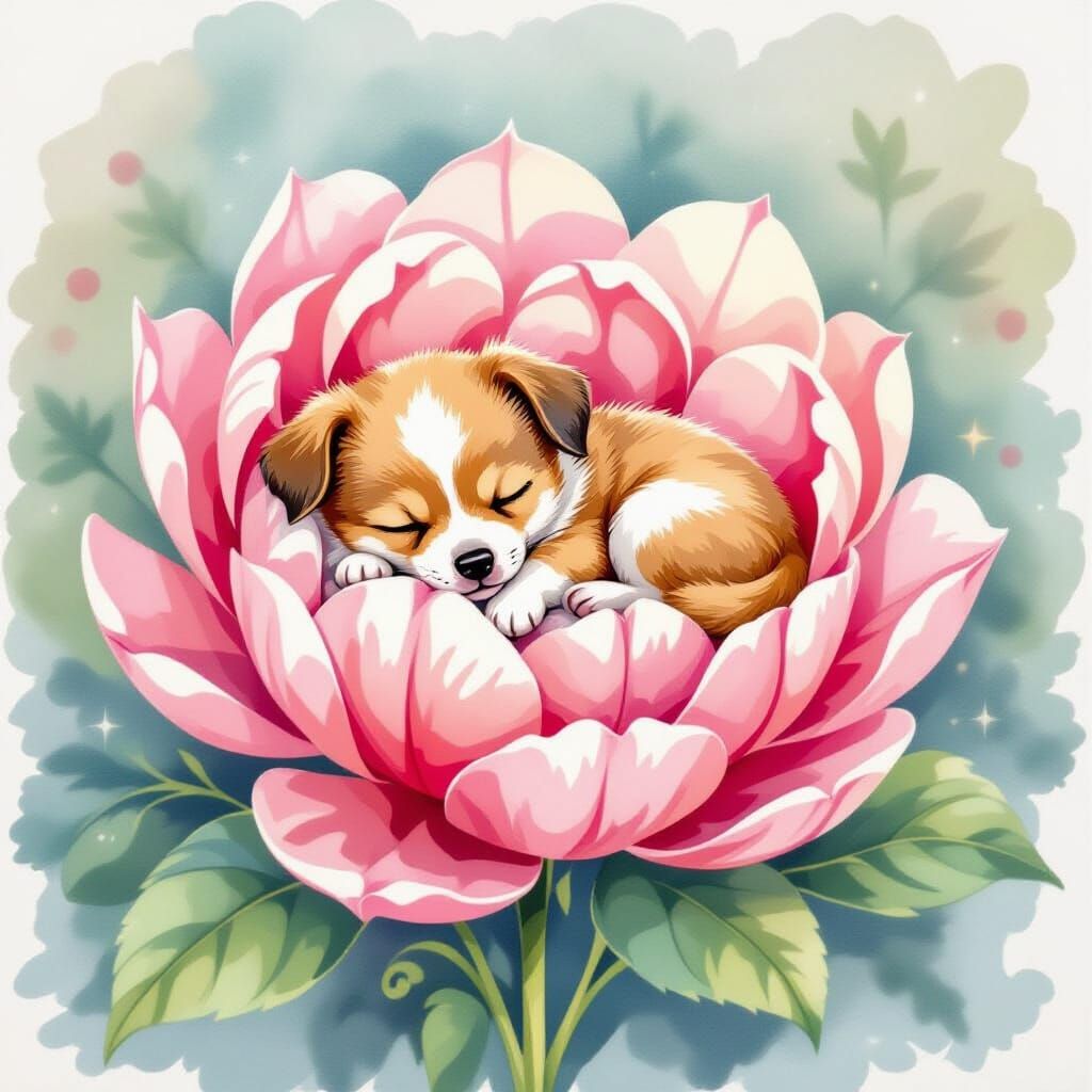 Adorable Puppy Sleeps in Peony Flower Watercolor