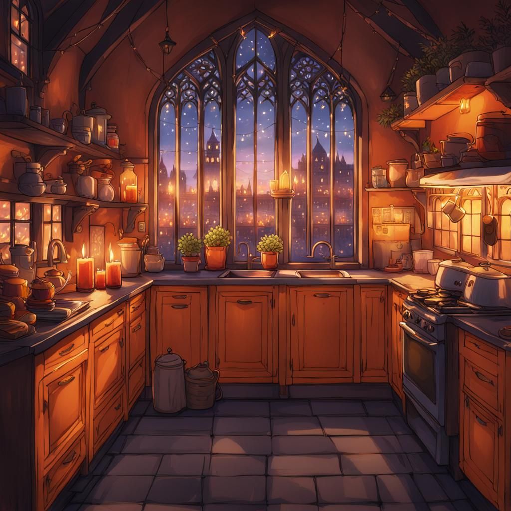 Cozy Orange Gothic Kitchen at Night in Anime Style