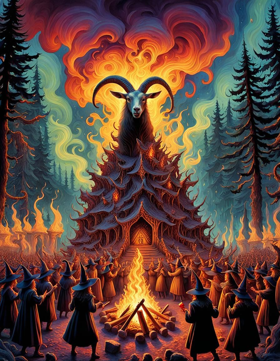 Witches' Dance Around Campfire, Psychedelic Illustration