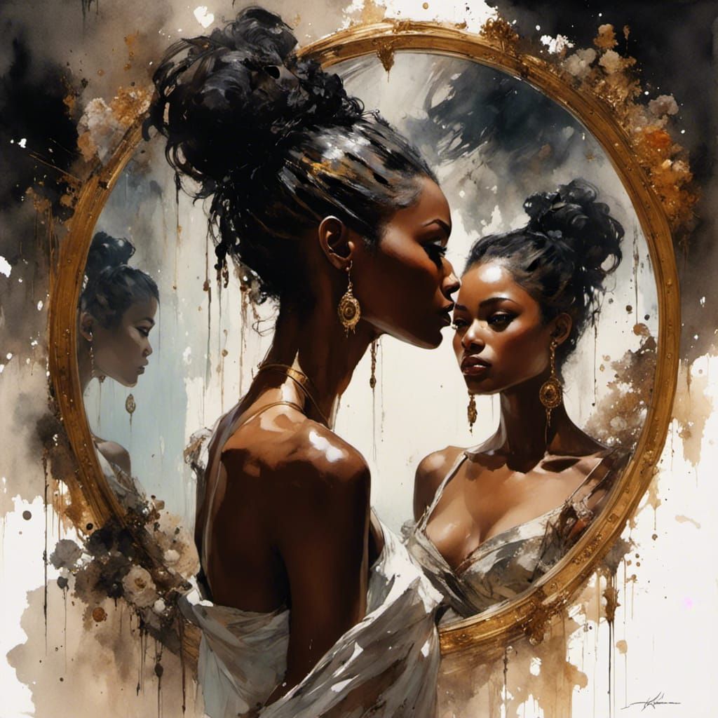 Dark Skinned Woman Looking in a Mirror