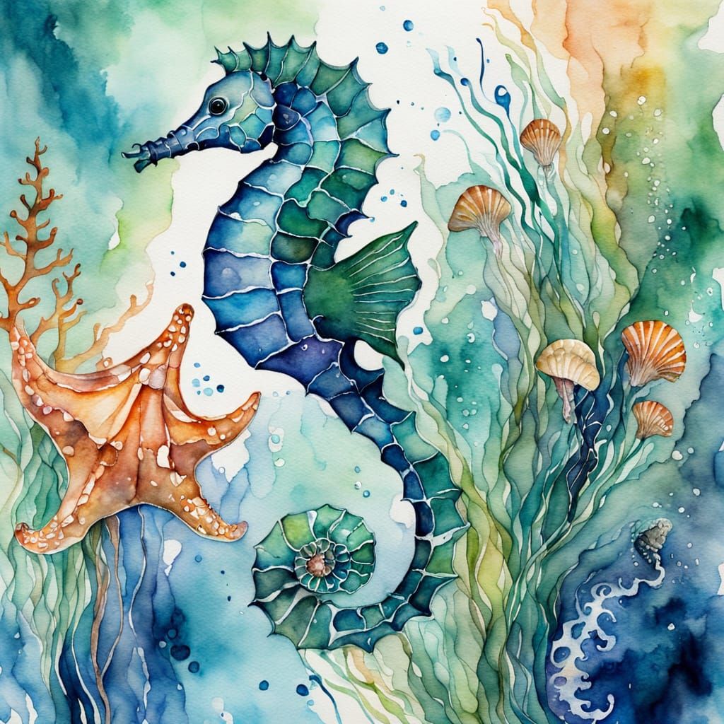 Watercolor Seahorse, Seashells and Jellyfish Close-Up