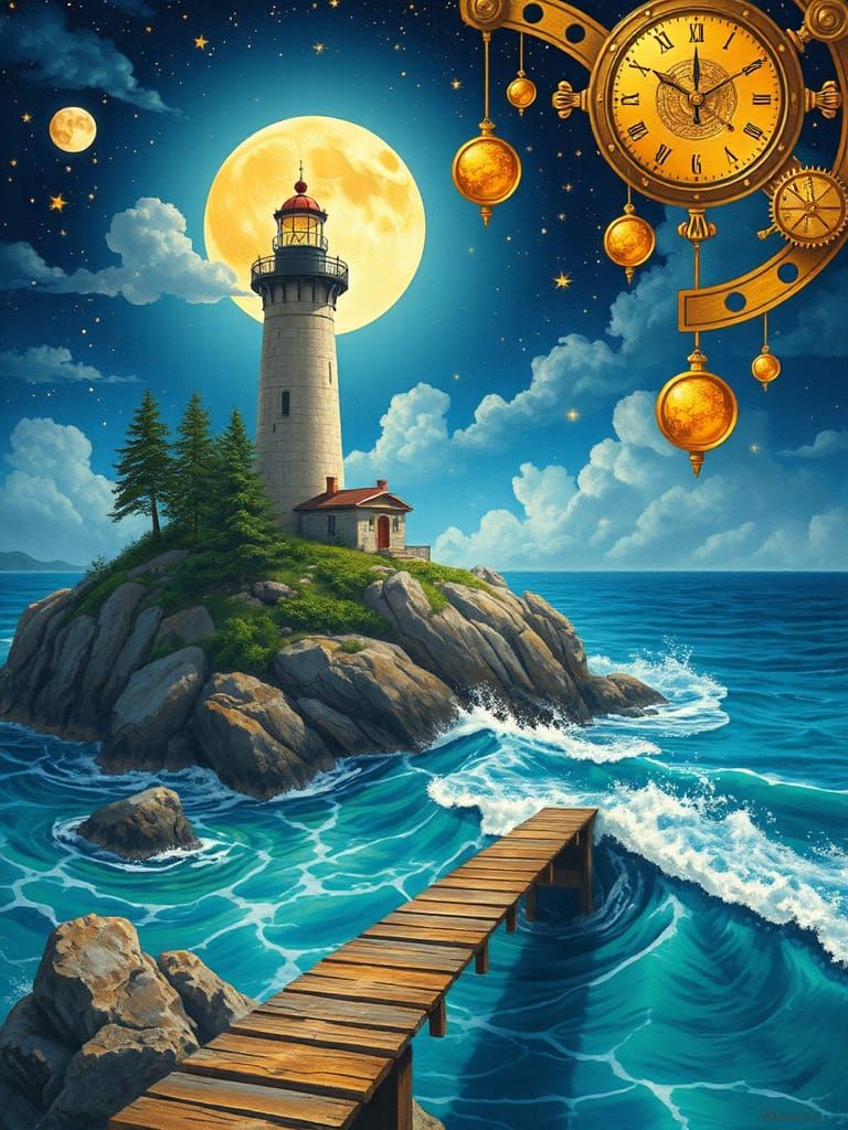 Surreal Lighthouse Dreamscape with Clockwork Elements