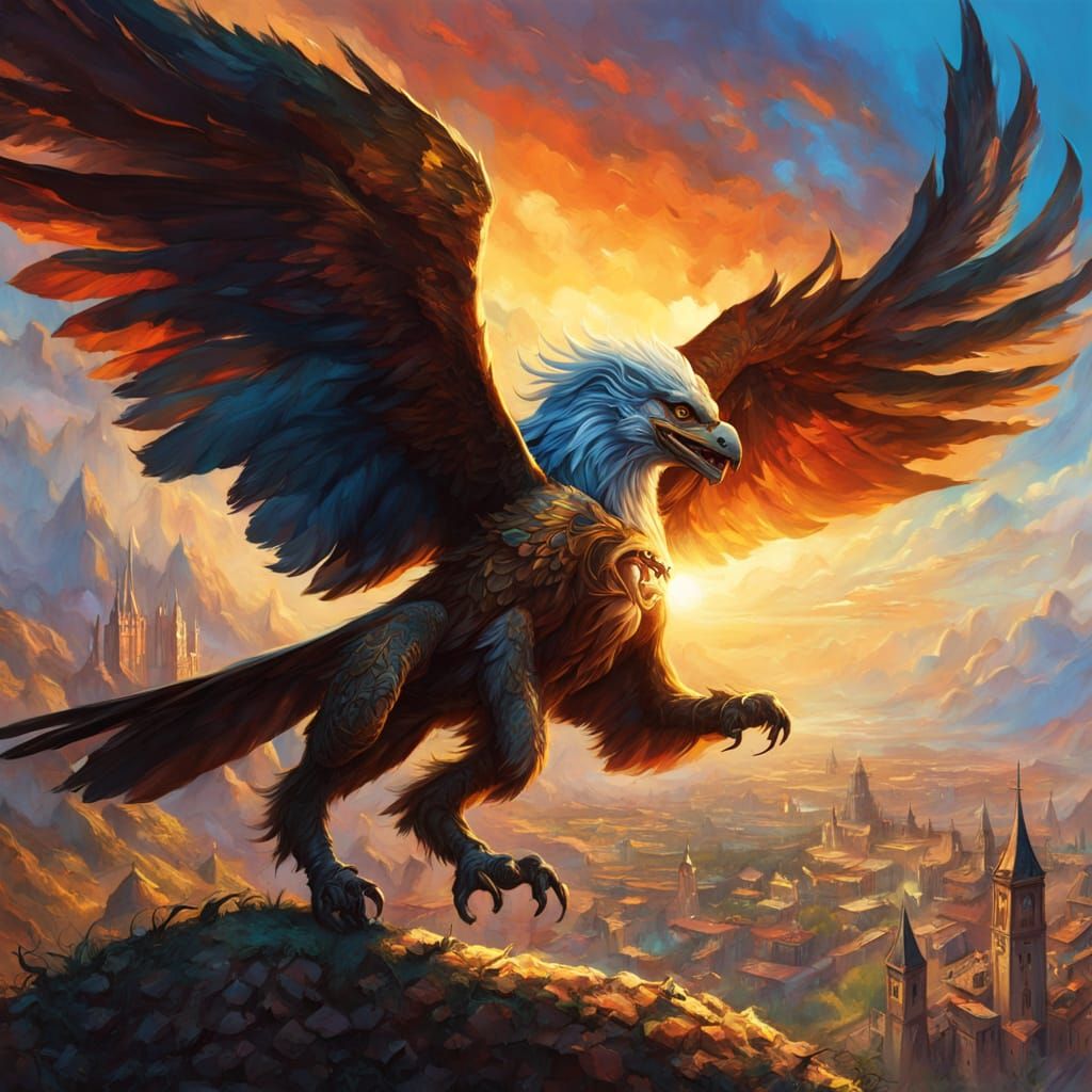 Majestic Gryphon Soars Through Sunlit Medieval City in Epic ...