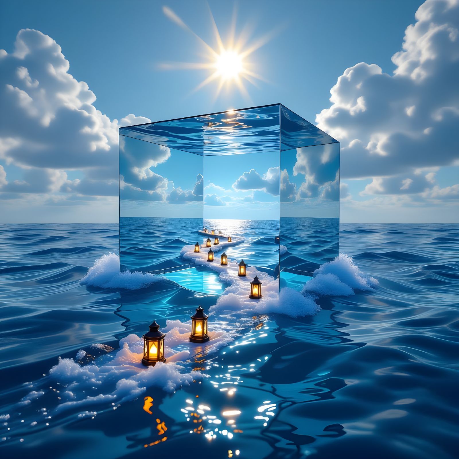 Surreal Cubic Ocean Suspended in Sky