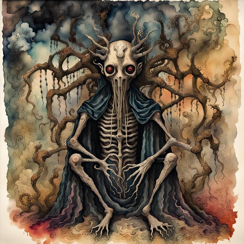 Sinister Multi-Armed Creature in Watercolor Dreamscape