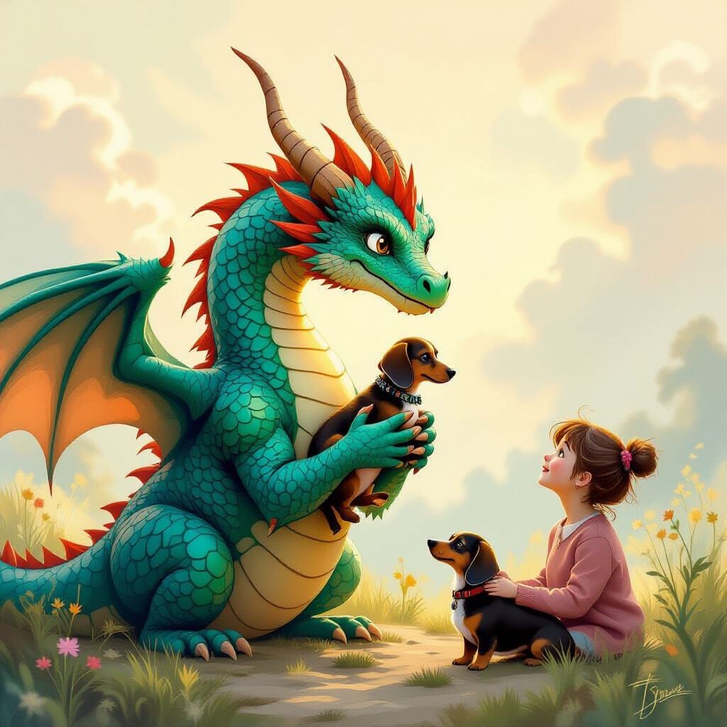 Teal Dragon Returns Dachshund, Dreamy Art