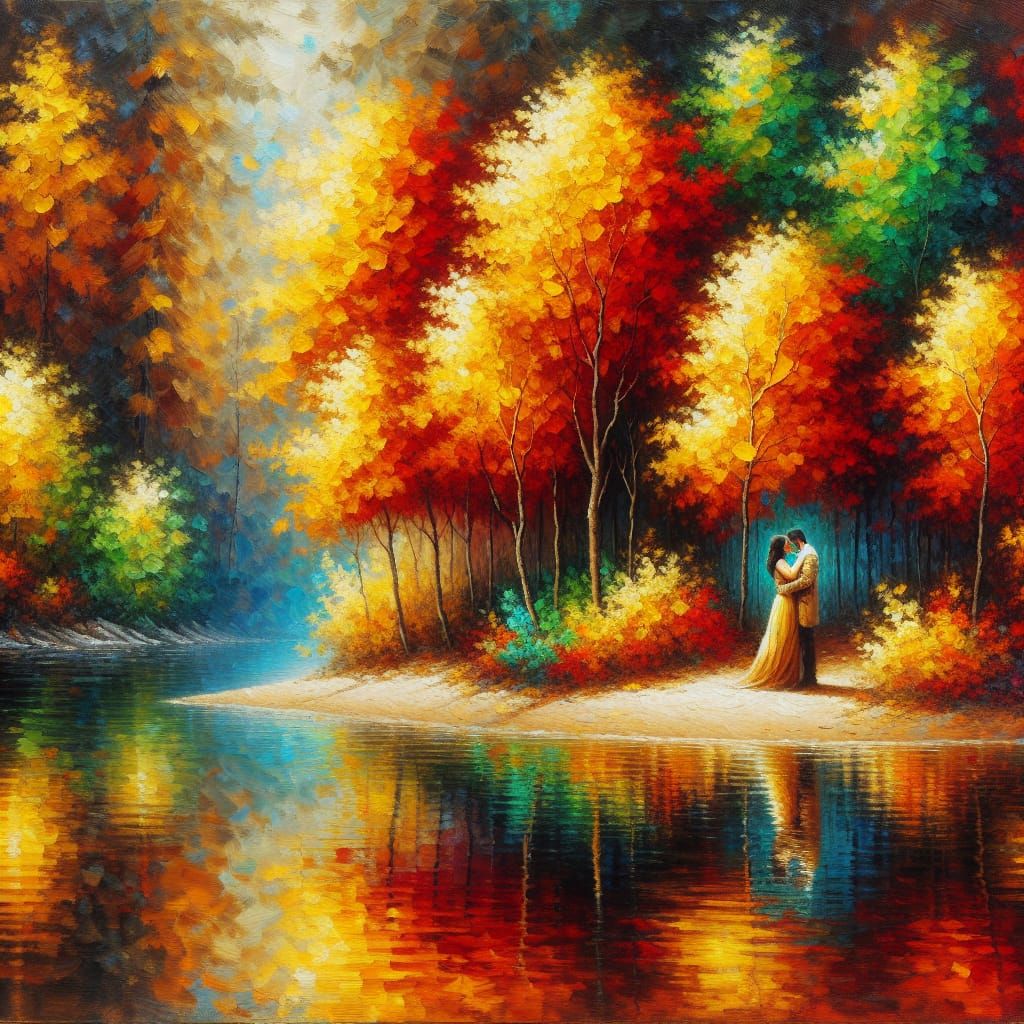 Autumnal Lakeside Scene Oil Painting with Embracing Couple