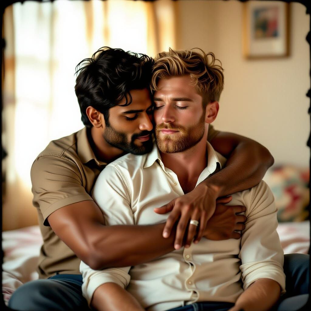 Passionate Embrace Between Two Men in Cinematic Style