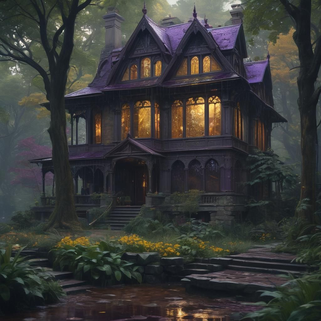 Victorian House in Rainy Forest: Dark Fantasy Art