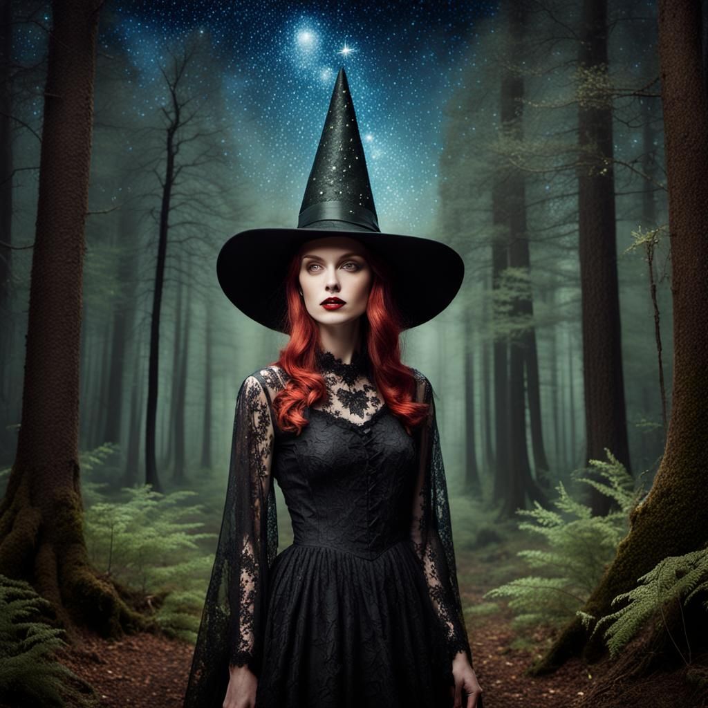 Witch in Lace Gown Portrait with Sparkling Stars