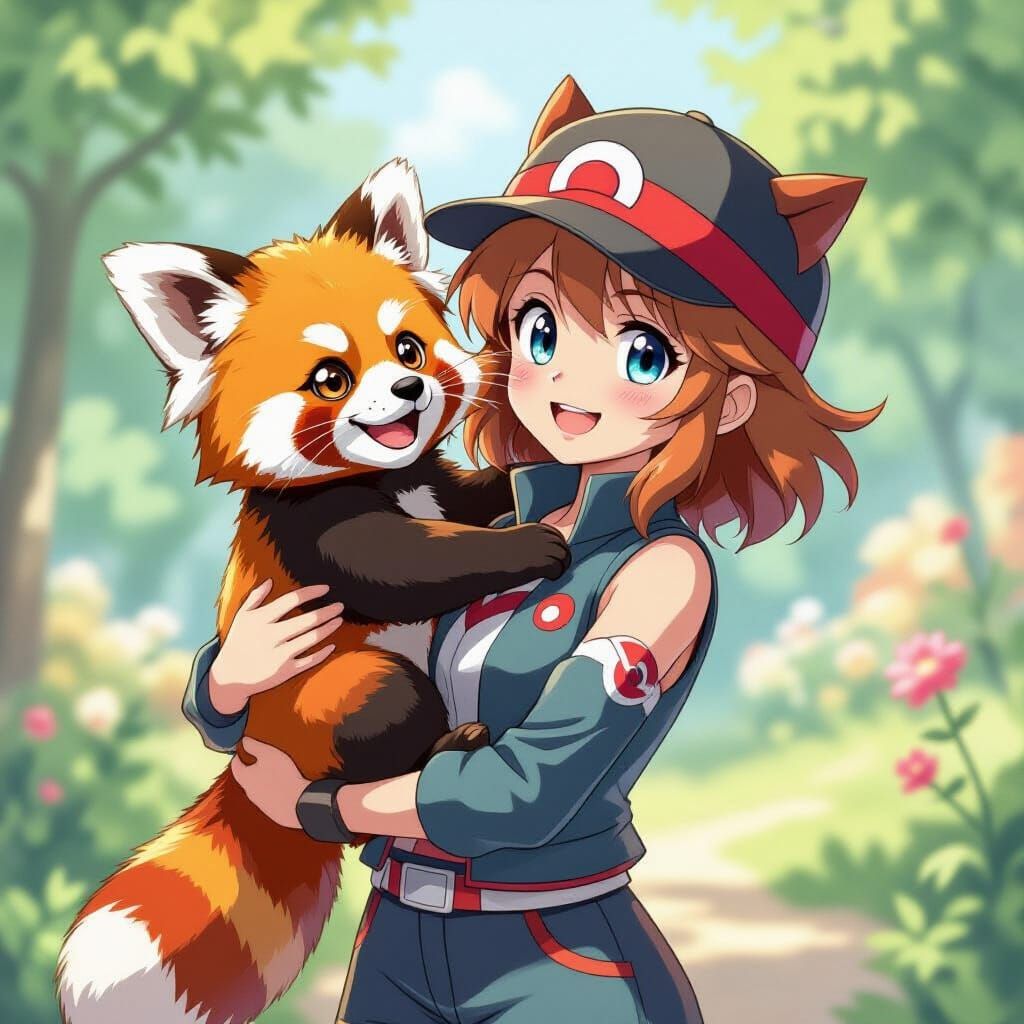 Cute Red Panda with Serena in Vibrant Anime Style