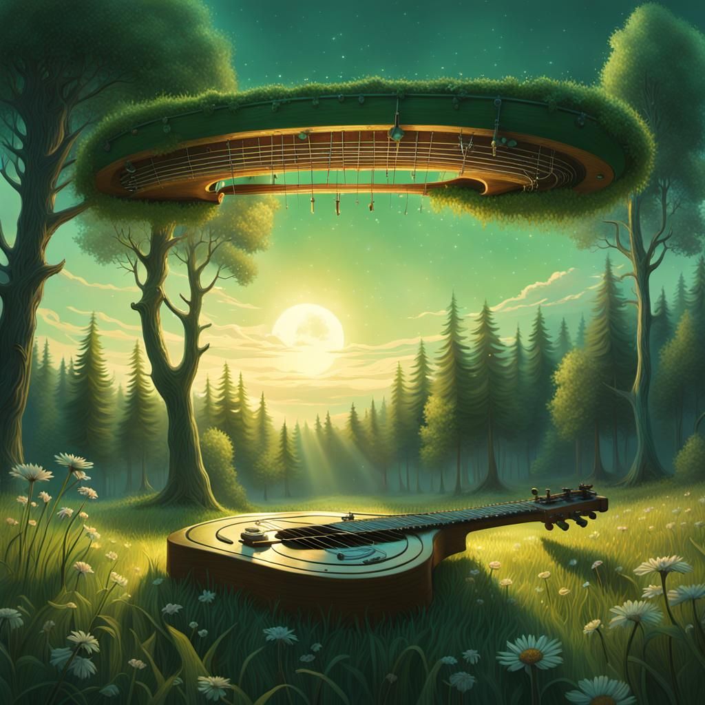 Glowing Zither Above Green Meadow, Matte Painting