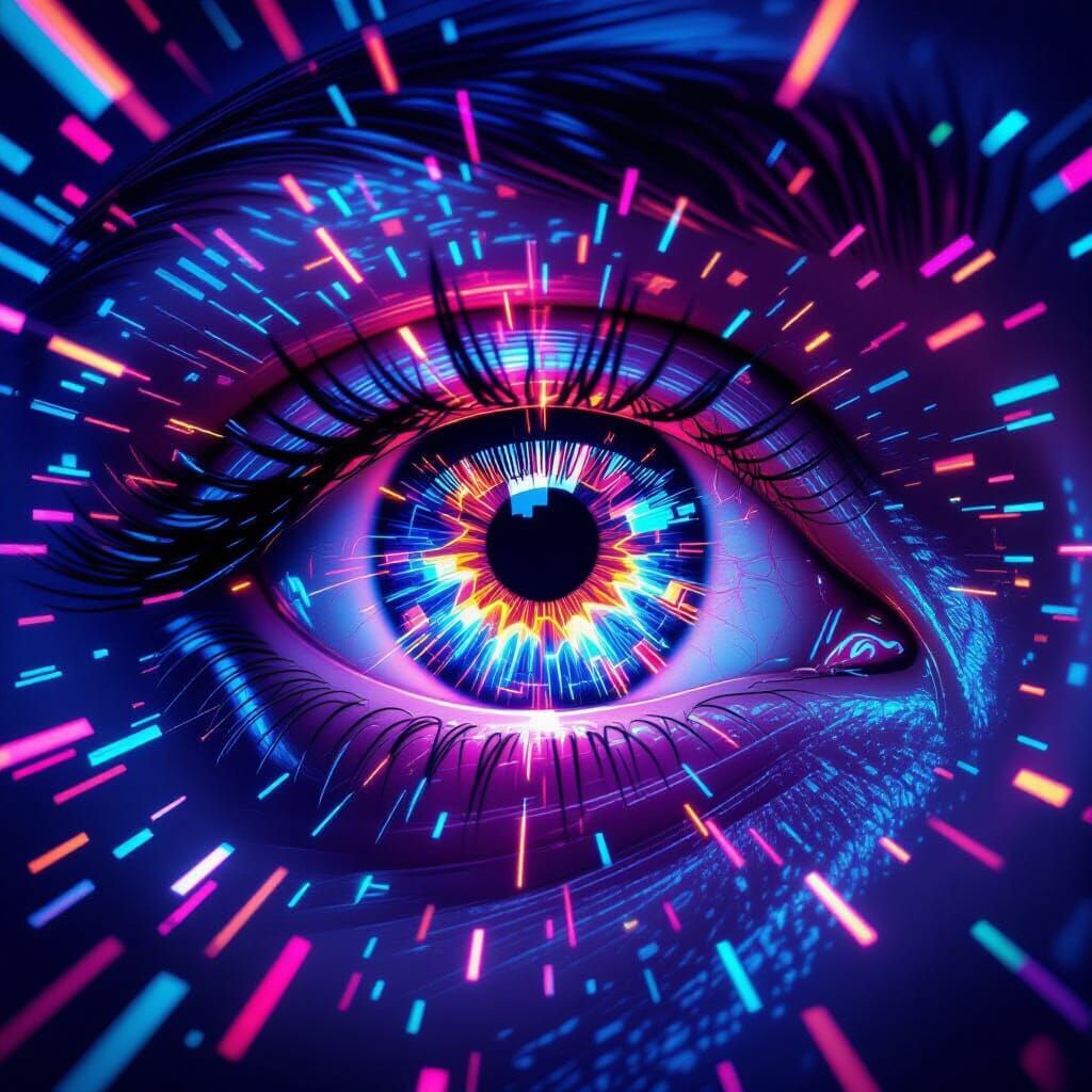 Human Eye Reflecting Digital Emotion with Neon Geometric Sha...
