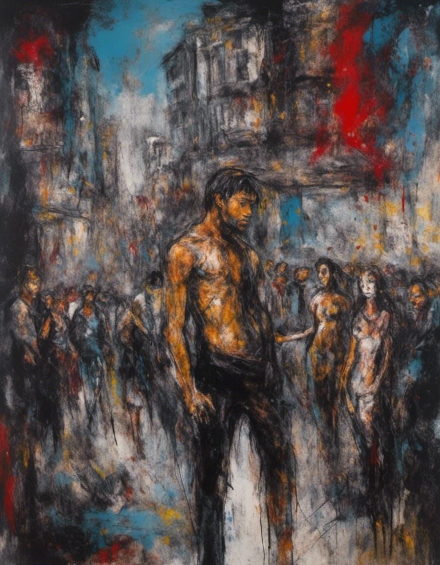Neo-Expressionist Cityscape with Tattooed Man in Oil Paint