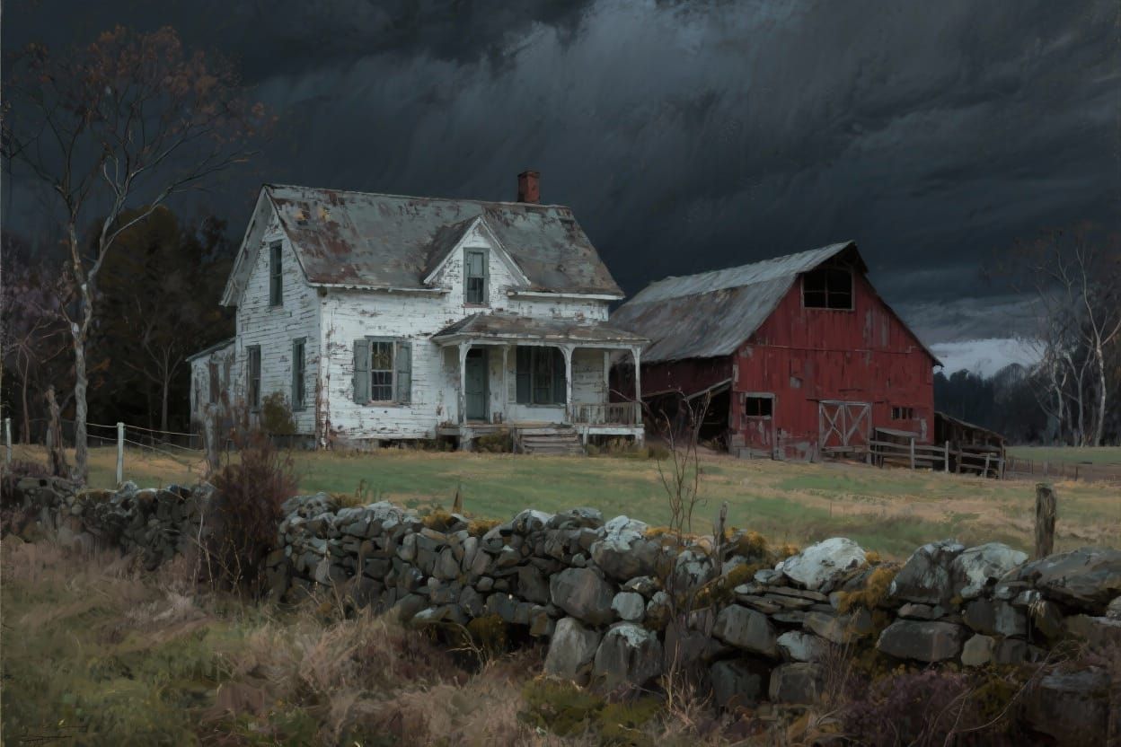 Gloomy New England Farmhouse Oil Painting