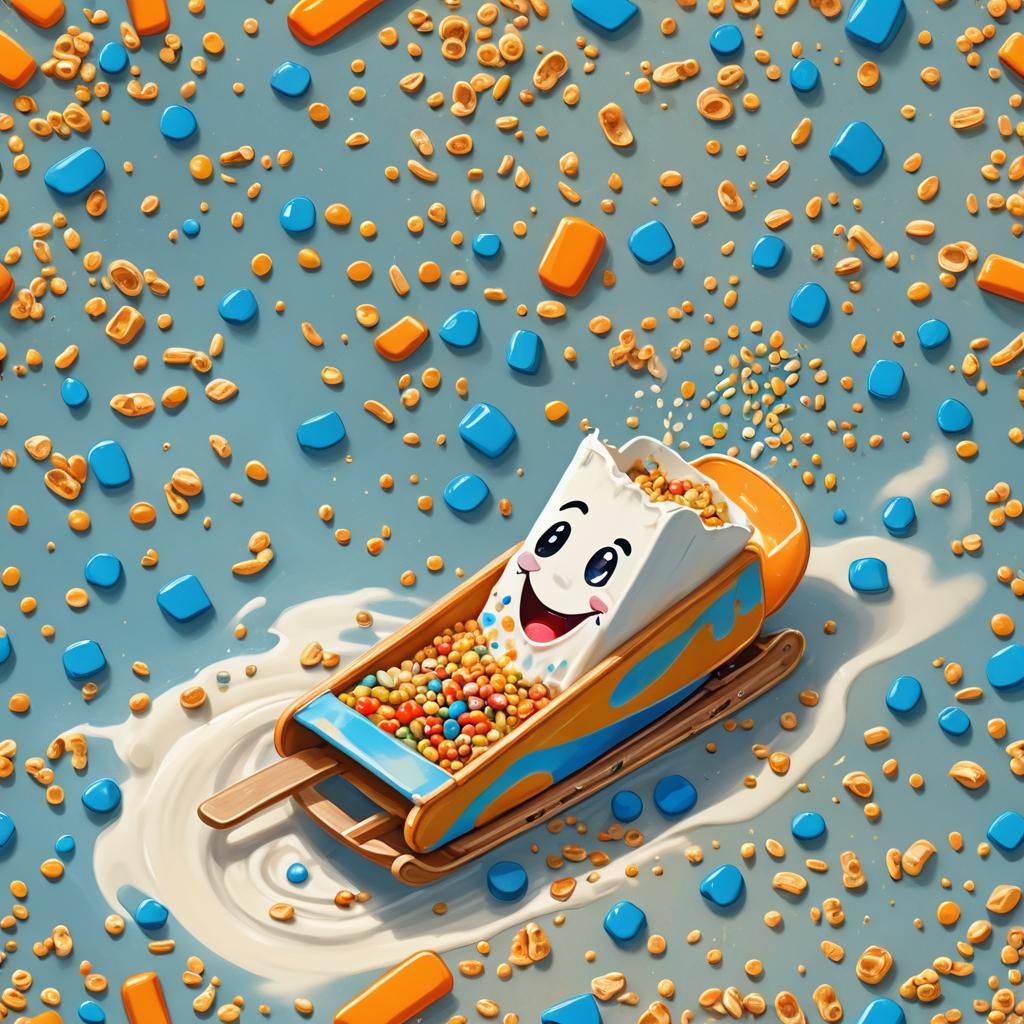 Whimsical Milk Carton Ride: Digital Art in Triadic Colors
