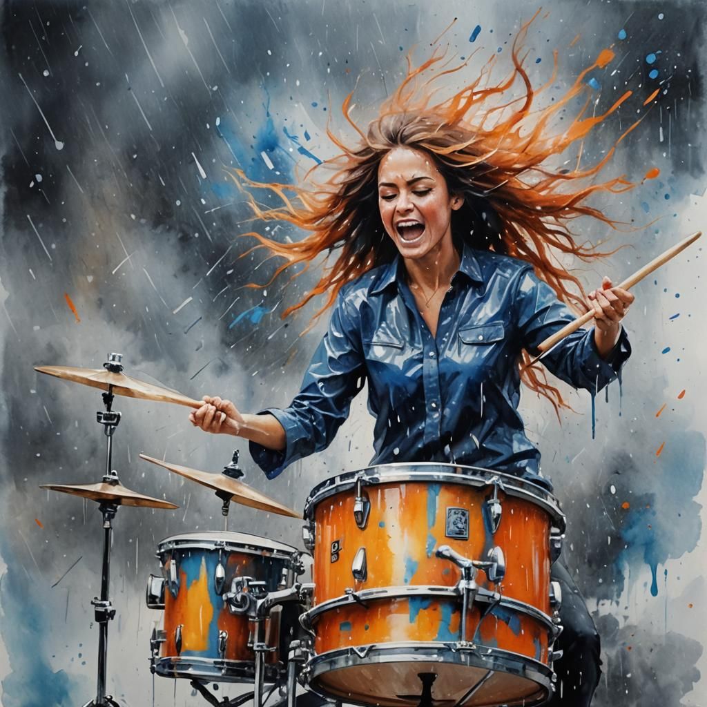 Woman Drummer in Rain, Hyperrealistic Watercolor