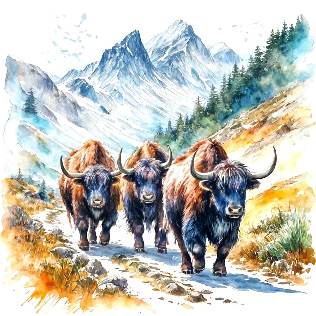 Yaks on a Mountain Trail in Watercolour Style