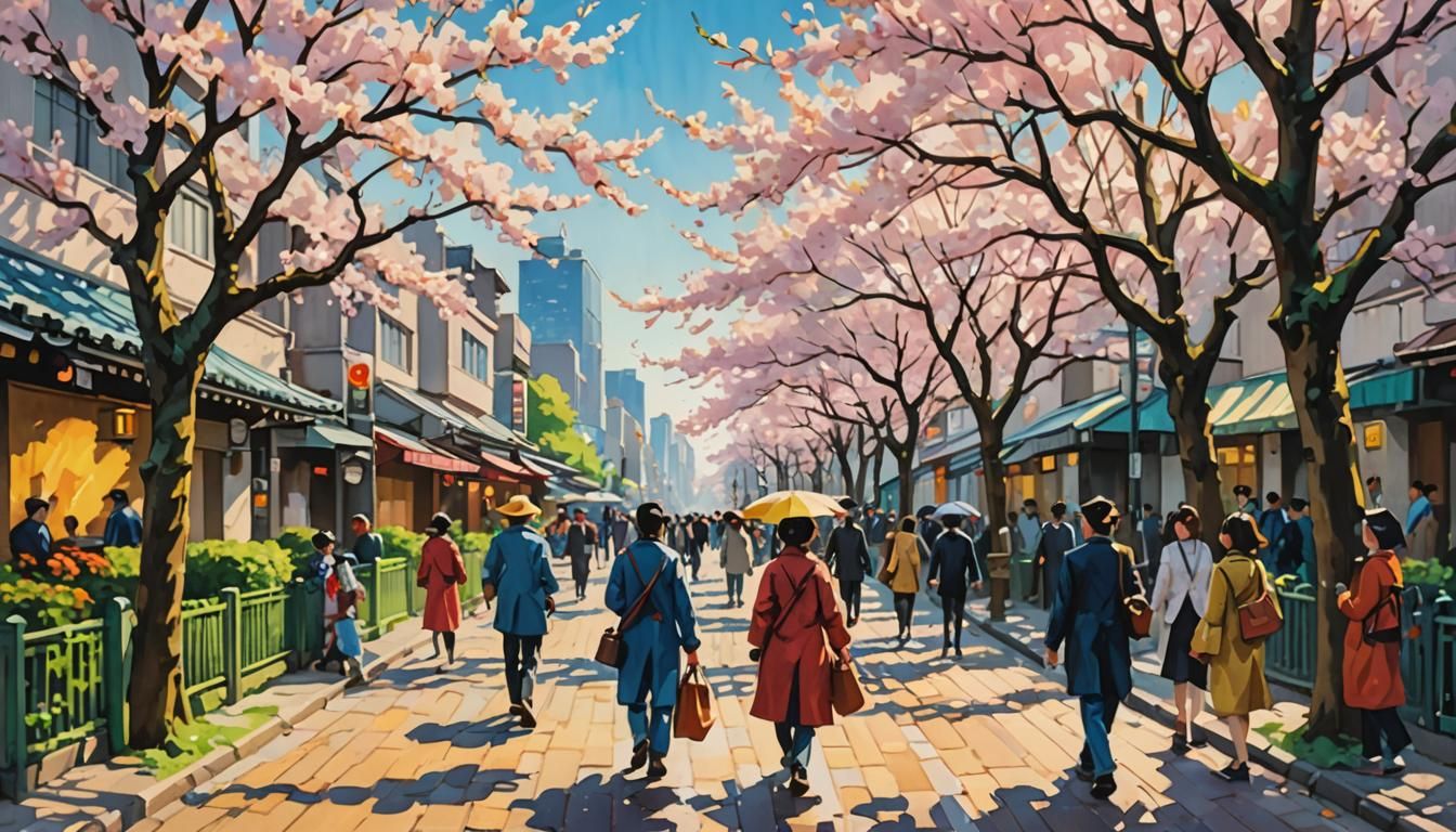 Tokyo City Center in Spring, Gouache Impressionism