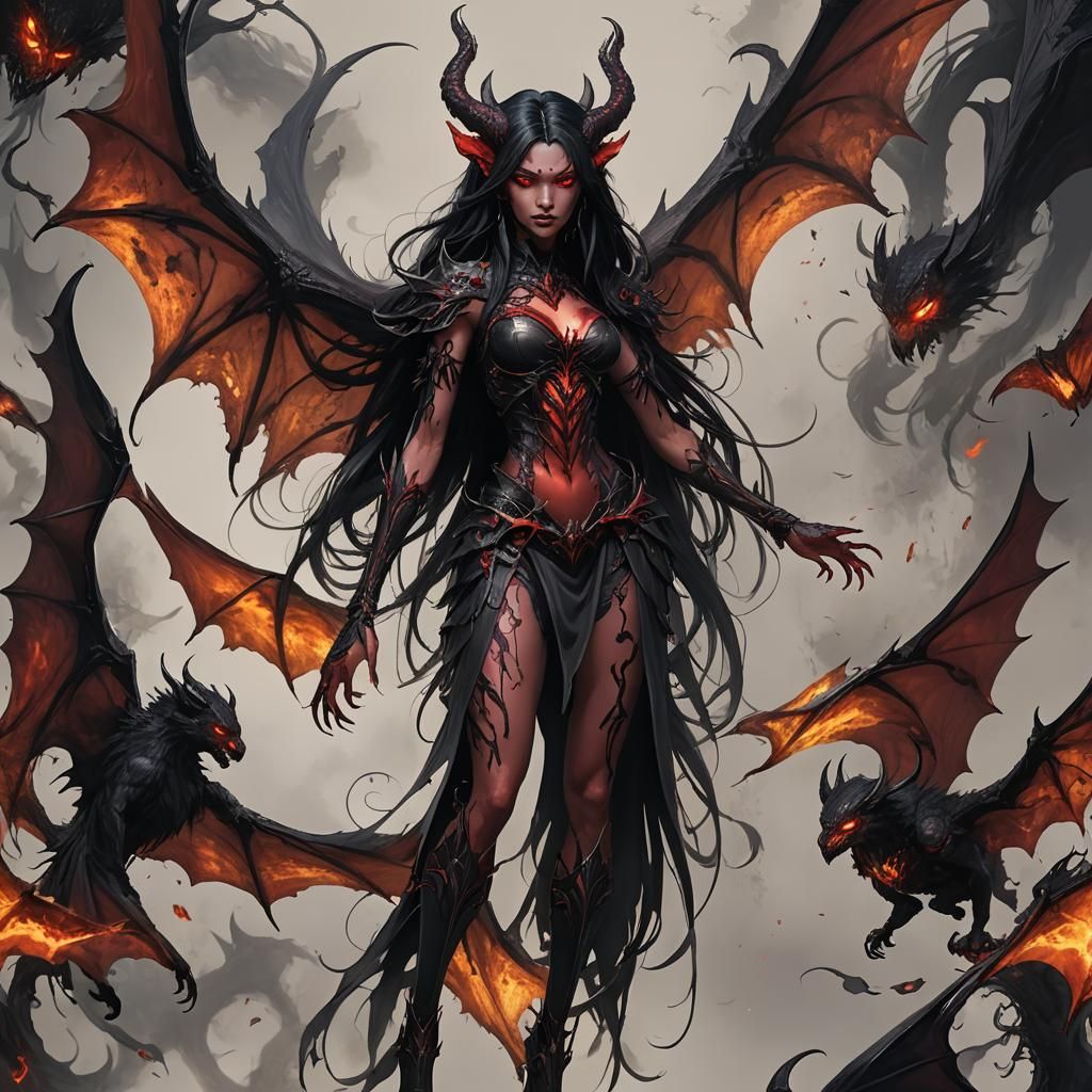 Ethereal Demon Girl with Crimson Skin and Glowing Runes